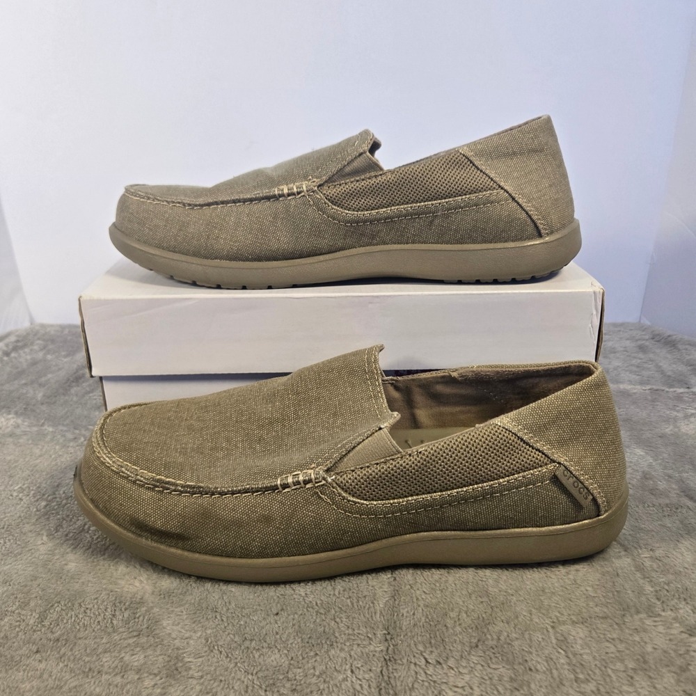 Crocs Santa Cruz Mens Canvas Slip On Loafers Khaki Tan Size 10 Casual Shoes